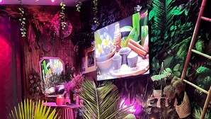 Una habitación con un jacuzzi inflable grande, una pantalla de televisión y decoración tropical, incluyendo plantas colgantes y una escalera.