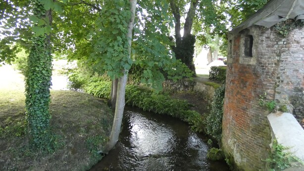 Un estrecho canal de agua bordeado por abundante vegetación y una estructura de ladrillo.