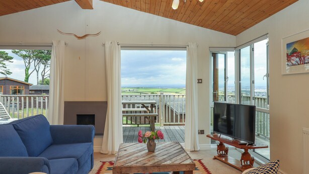 Sala de estar con un sofá azul, una mesa de centro de madera y un televisor sobre un mueble de madera. Hay un balcón con vistas al campo.