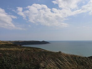 A coastal landscape with grassy terrain and a view of the sea. - Tamar View Lodge (Torpoint)