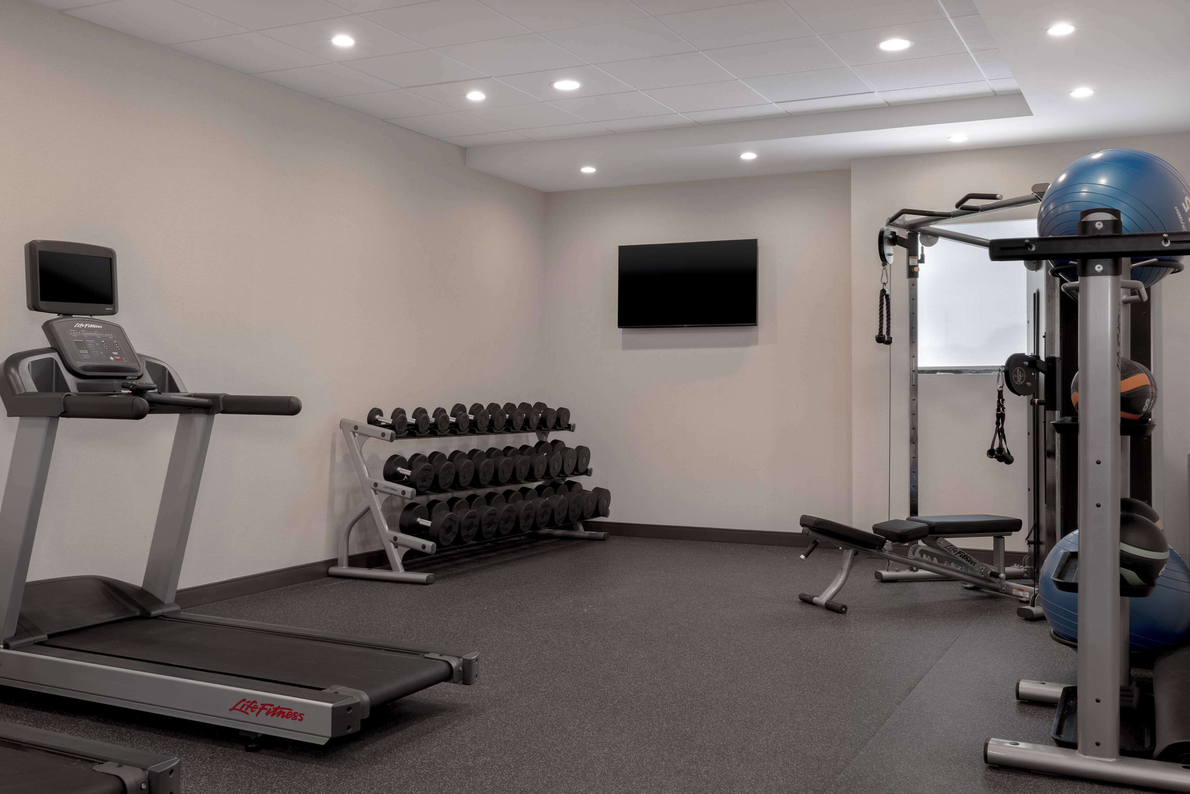 Une salle de sport équipée d’un tapis de course, d’haltères, d’un banc, d’un vélo d’appartement et d’un téléviseur fixé au mur.