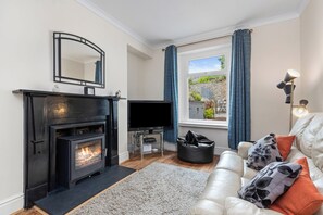 Smart TV, fireplace, DVD player, books