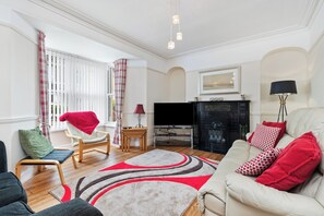 Älytelevisio, takka, DVD-soitin, kirjoja