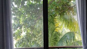 A balcony with two wooden chairs and a table, overlooking lush greenery. - Beachfront Casa Maya resort (Tamanique)