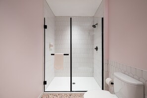 Hair dryer, towels, soap, shampoo