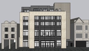 Stylish buildings with large windows and flat roofs stand alongside a curved and triangular structure.
