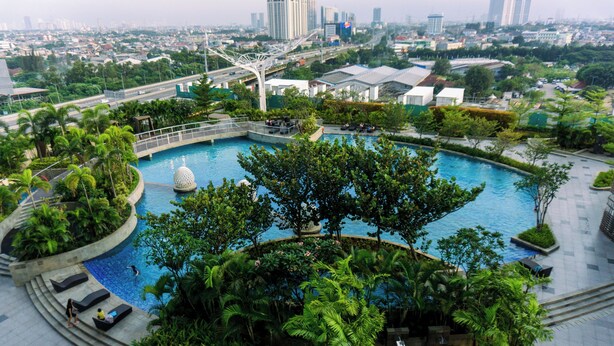 Una piscina en la azotea rodeada de follaje, un puente y un paisaje urbano al fondo.