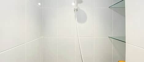 Una ducha con cabezal de ducha manual y un estante de vidrio con un rollo de papel higiénico.