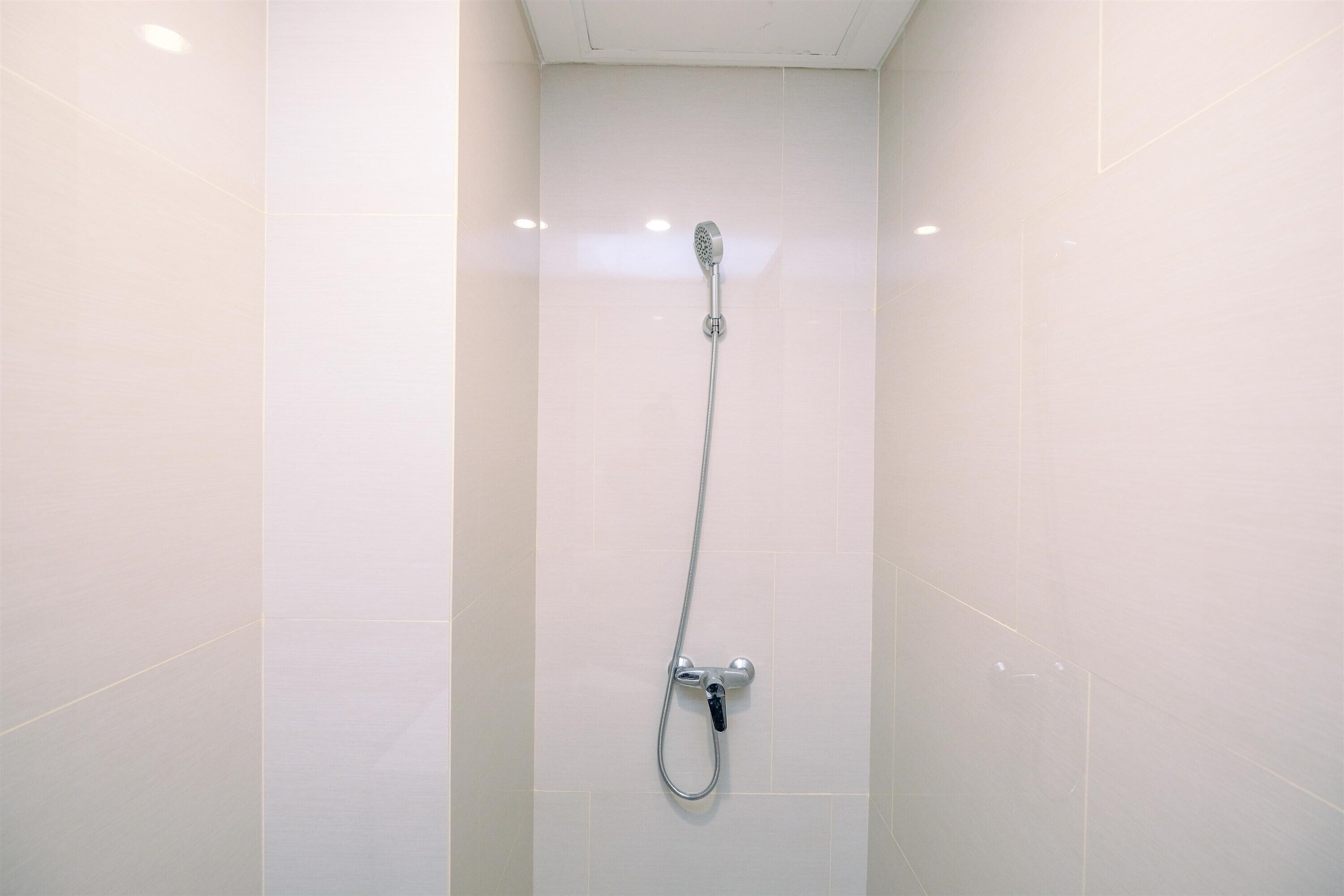 A shower with a handheld showerhead and a wall-mounted faucet.