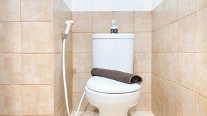 Kylpyhuone, jossa on wc, suihkuletku ja seinällä hygieniatuotteita.