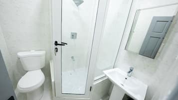 A bathroom with a toilet, a glass-enclosed shower, and a sink.