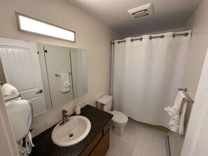 Combined shower/bathtub, hair dryer, towels