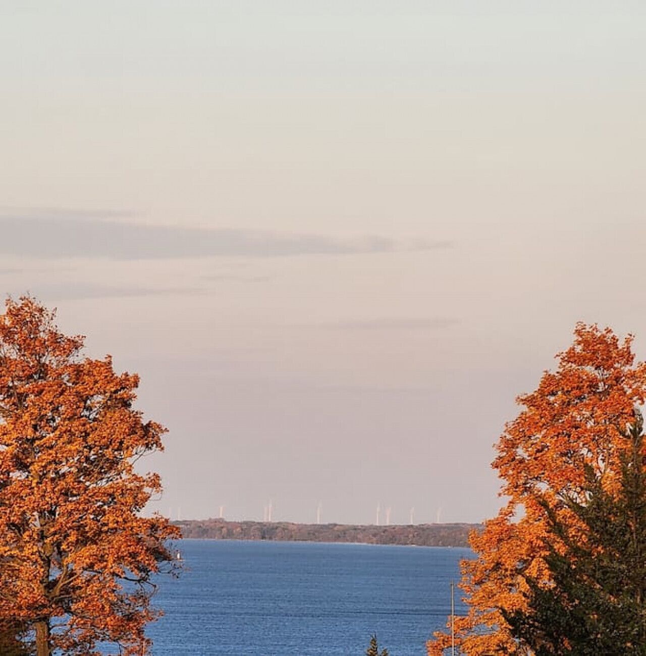 A view of a lake with autumn-colored trees framing the scene.