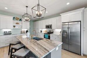 Fridge, microwave, oven, stovetop - 5Bed / 5 Baths  Walk 2 Beach!  Arcade!  Ocean View!  Ping Pong! Fire Pit! (Crystal Beach, Texas)