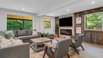 Smart TV, fireplace, video games, foosball