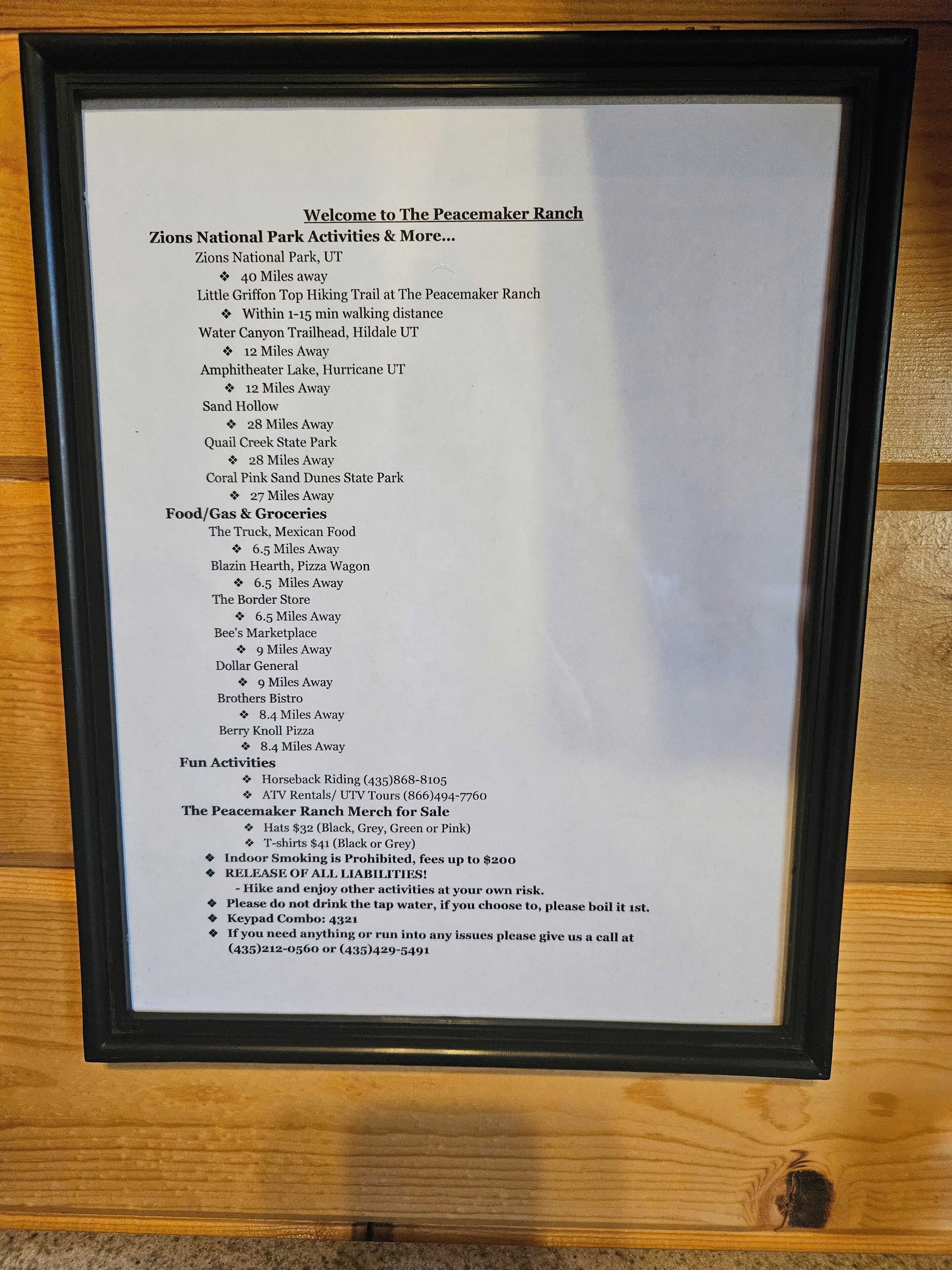 Menú emmarcat que mostra opcions d'activitats, menjar i combustibles a The Peacemaker Ranch.