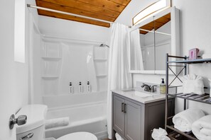 Hair dryer, towels, soap, shampoo