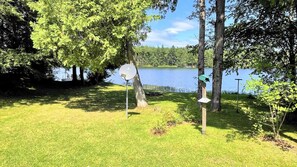 Une zone herbeuse avec un lac, des arbres et une mangeoire à oiseaux.