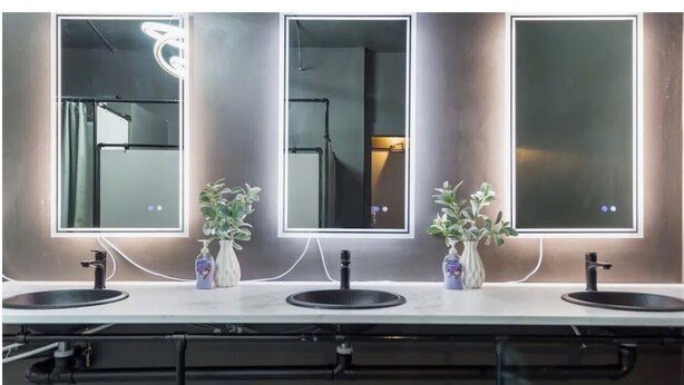 A modern bathroom with three sinks, each with a mirror and a plant. - McKinley Mansion Half Building, sleeps 35, Gym, Arcade Room (Pocatello)