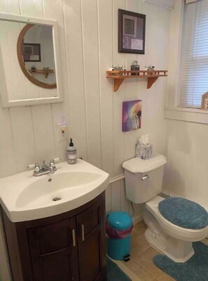 Ein Badezimmer mit einem weißen Waschbecken, dunklen Holzschränken, einer Toilette mit blauem Sitz, einer blauen Mülleimer und einem gerahmten Bild an der Wand.
