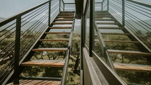 A staircase with metal railings leading to a higher level, surrounded by trees and a mountainous landscape. - K NAJ Community (San Miguel de Allende)