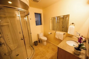 A bathroom with a glass-enclosed shower, a toilet, a sink, and a mirror.