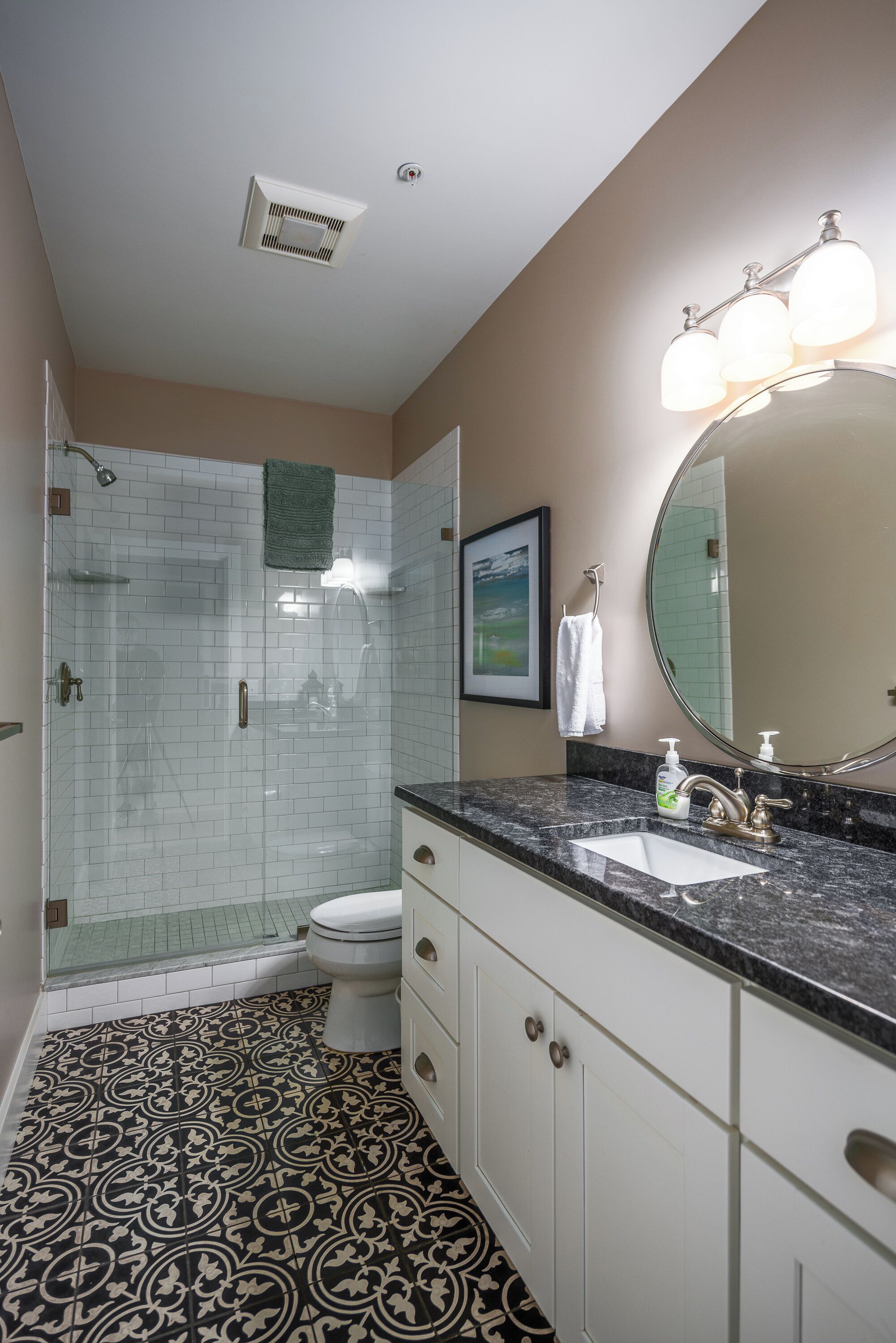 Shower, hair dryer, towels, toilet paper