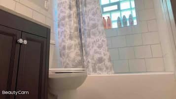 Hair dryer, towels, soap, shampoo