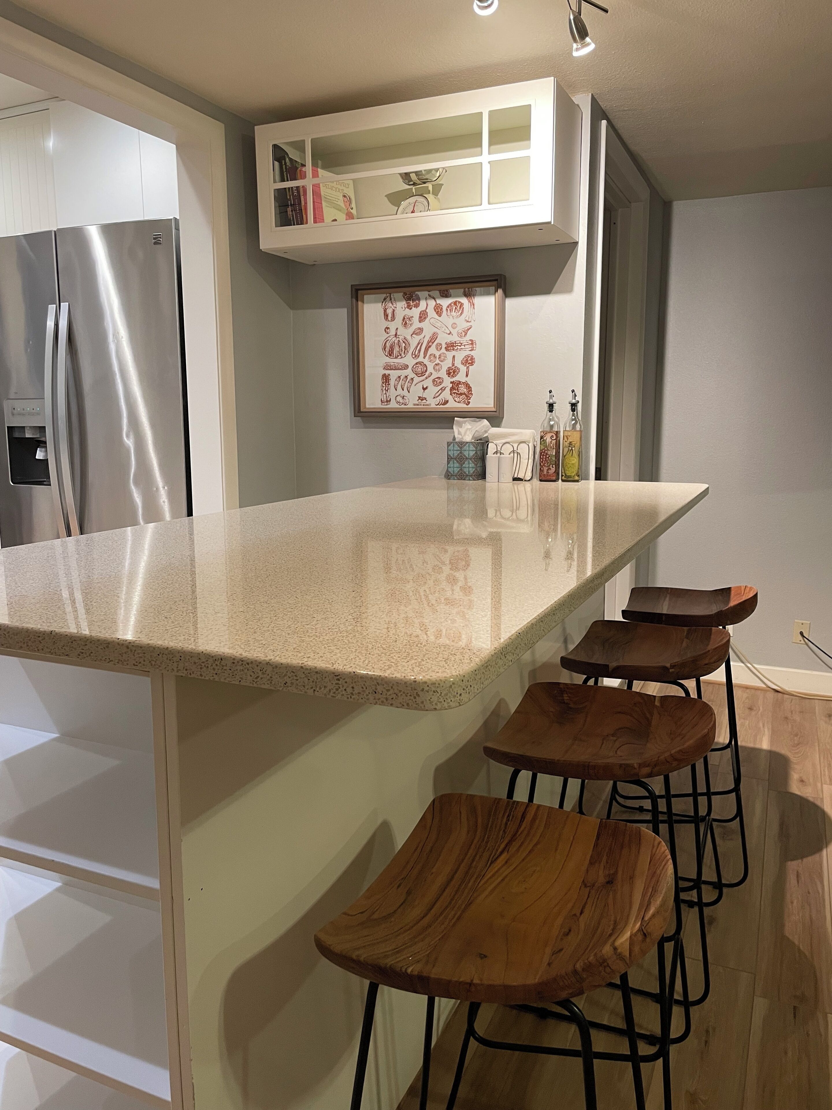 Stovetop, toaster, dining tables