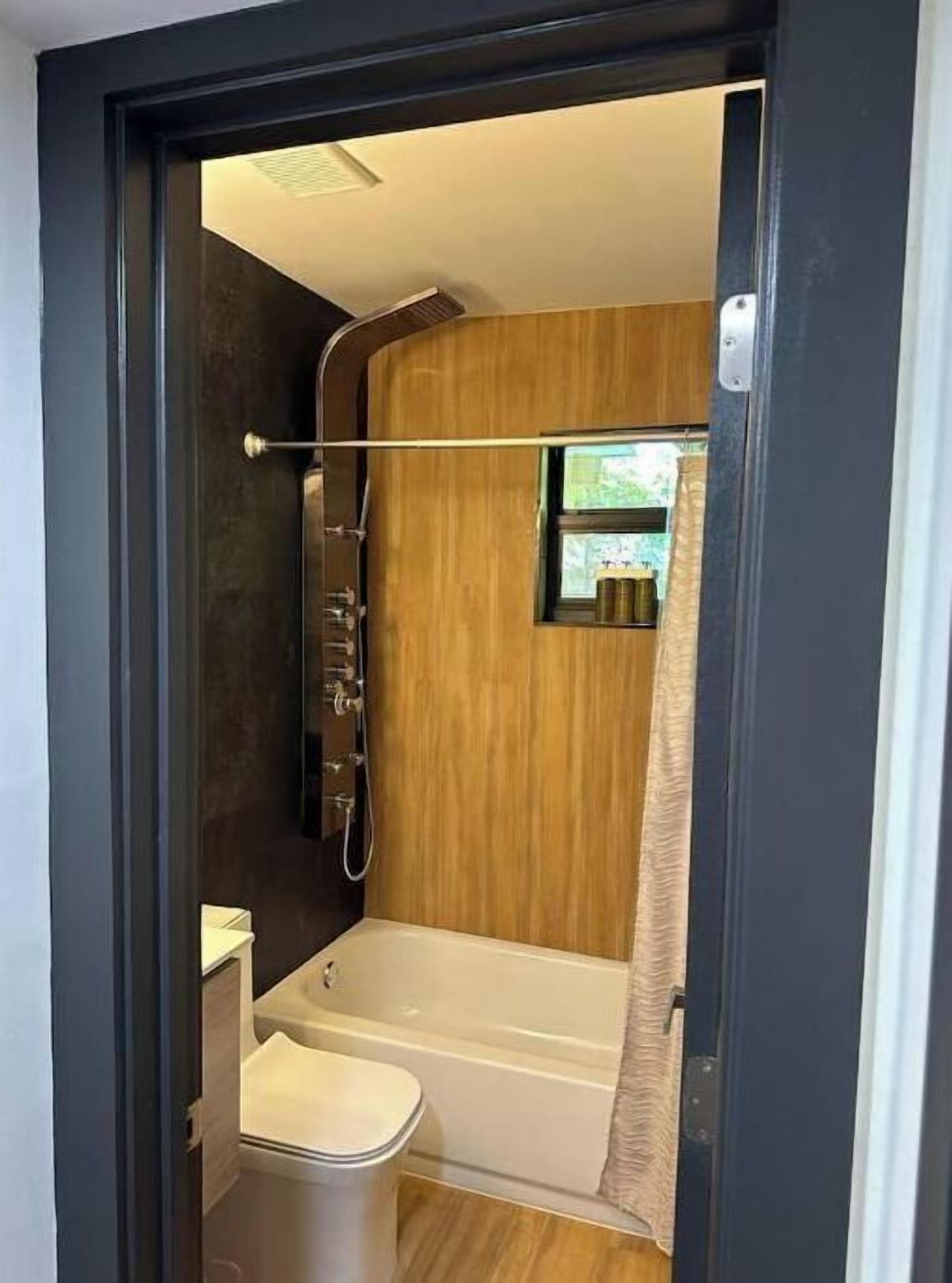 Hair dryer, towels, soap, shampoo