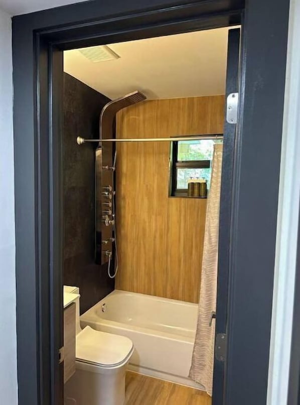 Hair dryer, towels, soap, shampoo