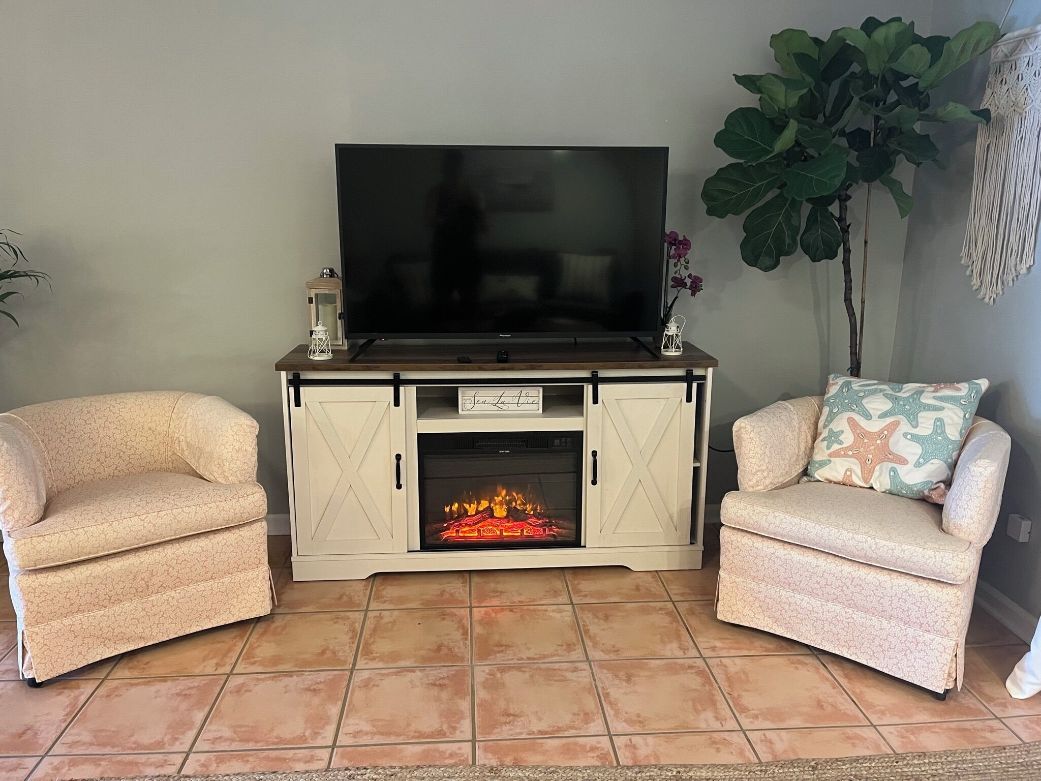 Una sala de estar con chimenea, dos sillones, un televisor y una planta grande.