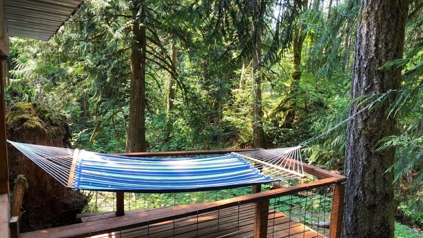 A hammock on a wooden deck surrounded by trees. -  Cozy and Dog friendly retreat by Relaxing Creek & Hot tub by Lake Cushman (Hoodsport)