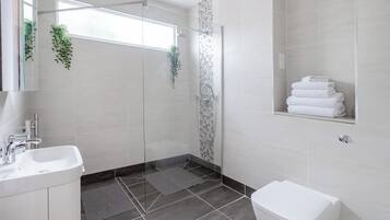 Shower, hair dryer, towels, soap