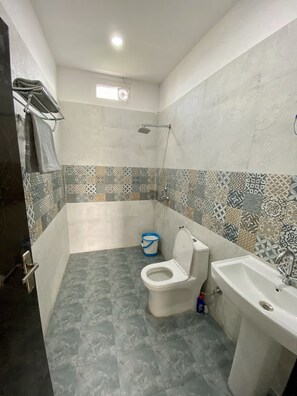 Regadera, toallas, jabón, shampoo 