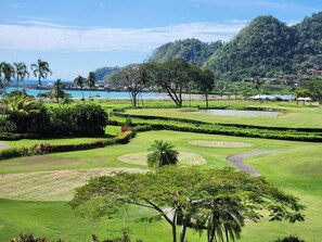 Ein Golfplatz mit Wasserhindernis, Palmen und einem bergigen Hintergrund.