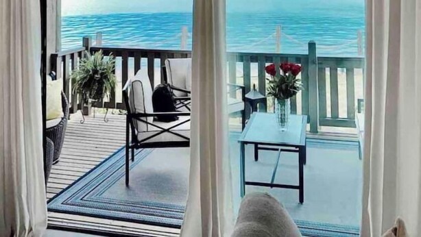 Un balcon avec une table et des chaises, une plante en pot et un vase de fleurs.
