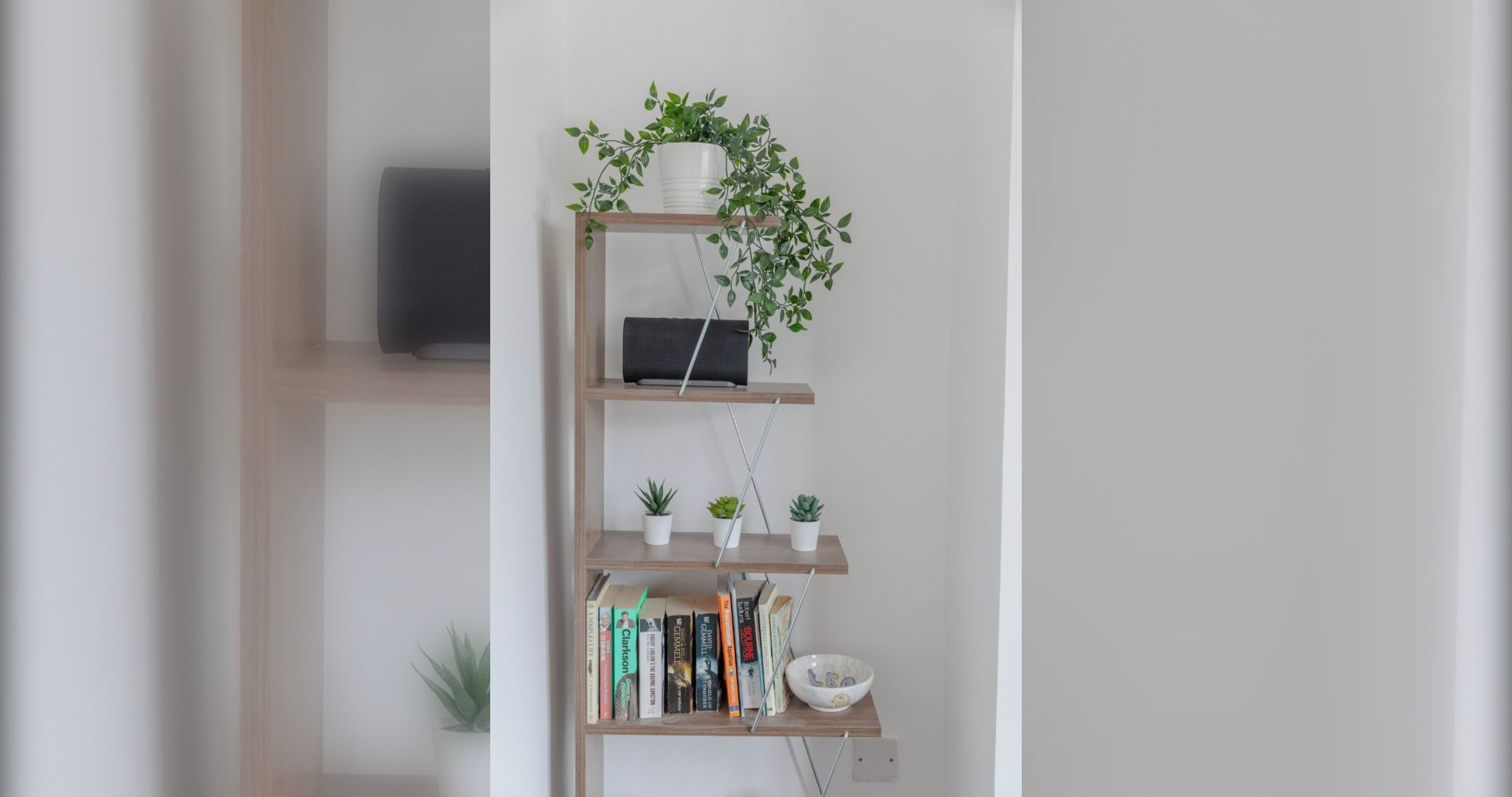 A bookshelf with books, a bowl, and small plants.