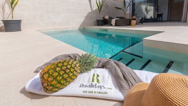 Ein Poolbereich mit Handtuch, Ananas und Hut am Boden.