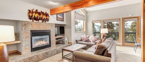Smart TV, fireplace, DVD player, books