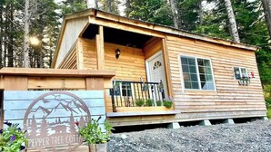 Una baita di legno con un portico, una porta e finestre. Sul portico ci sono piante in vasi.