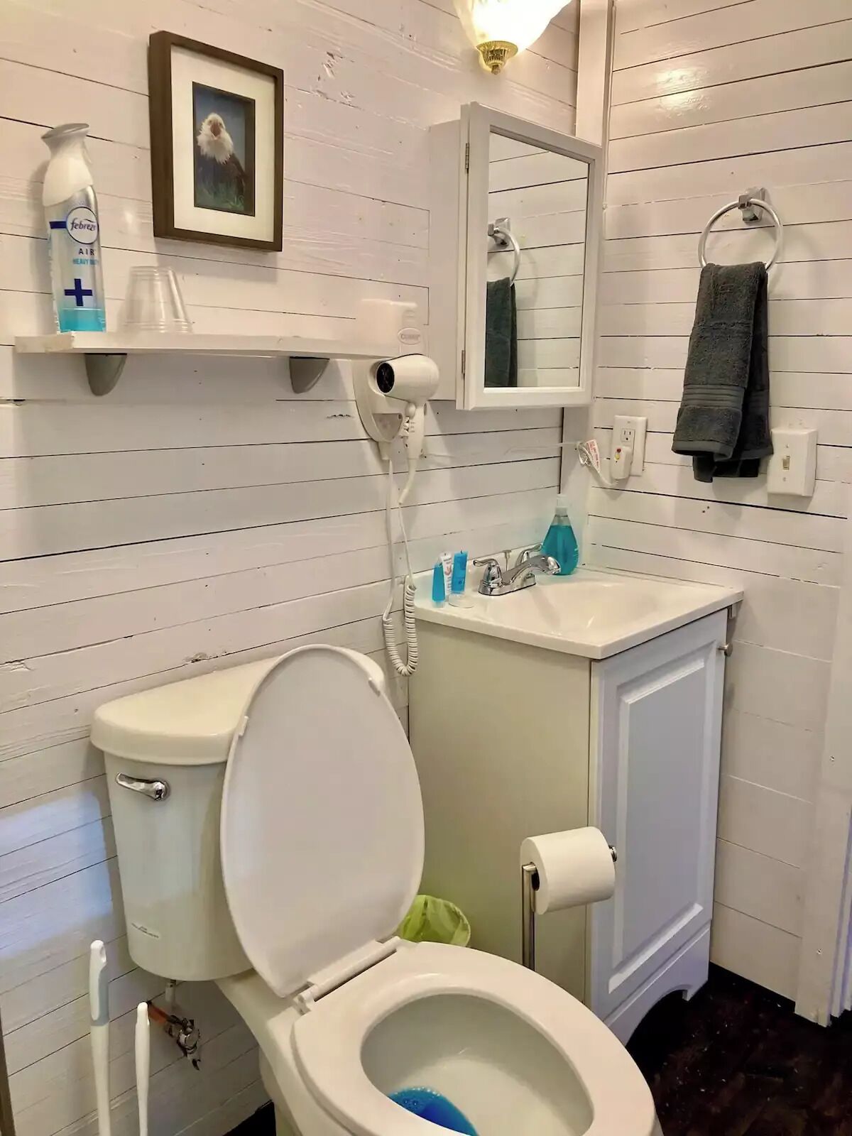 A bathroom with a toilet, sink, and a framed picture on the wall.