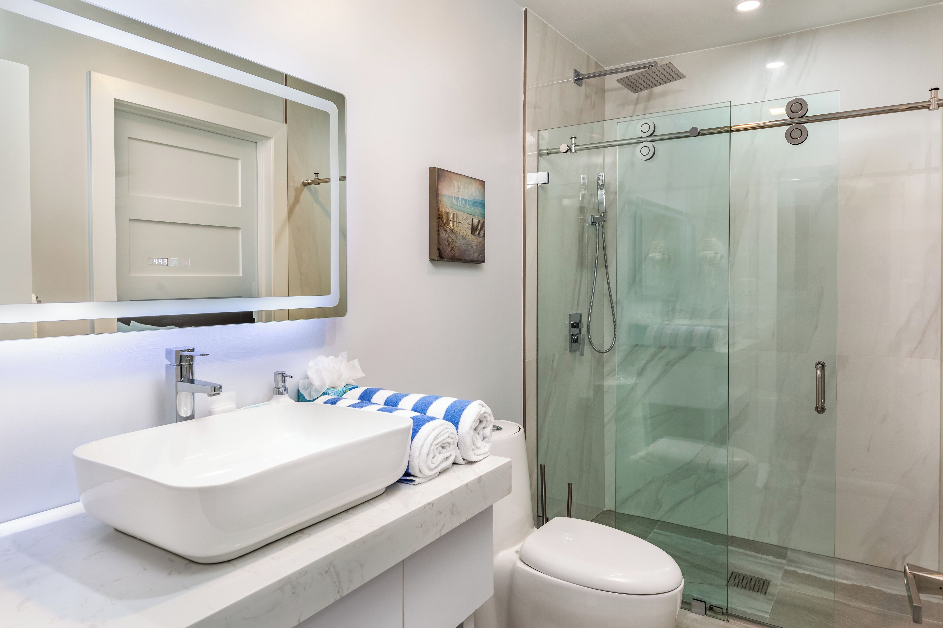 A modern bathroom with a large white sink, a glass shower enclosure, and a toilet.