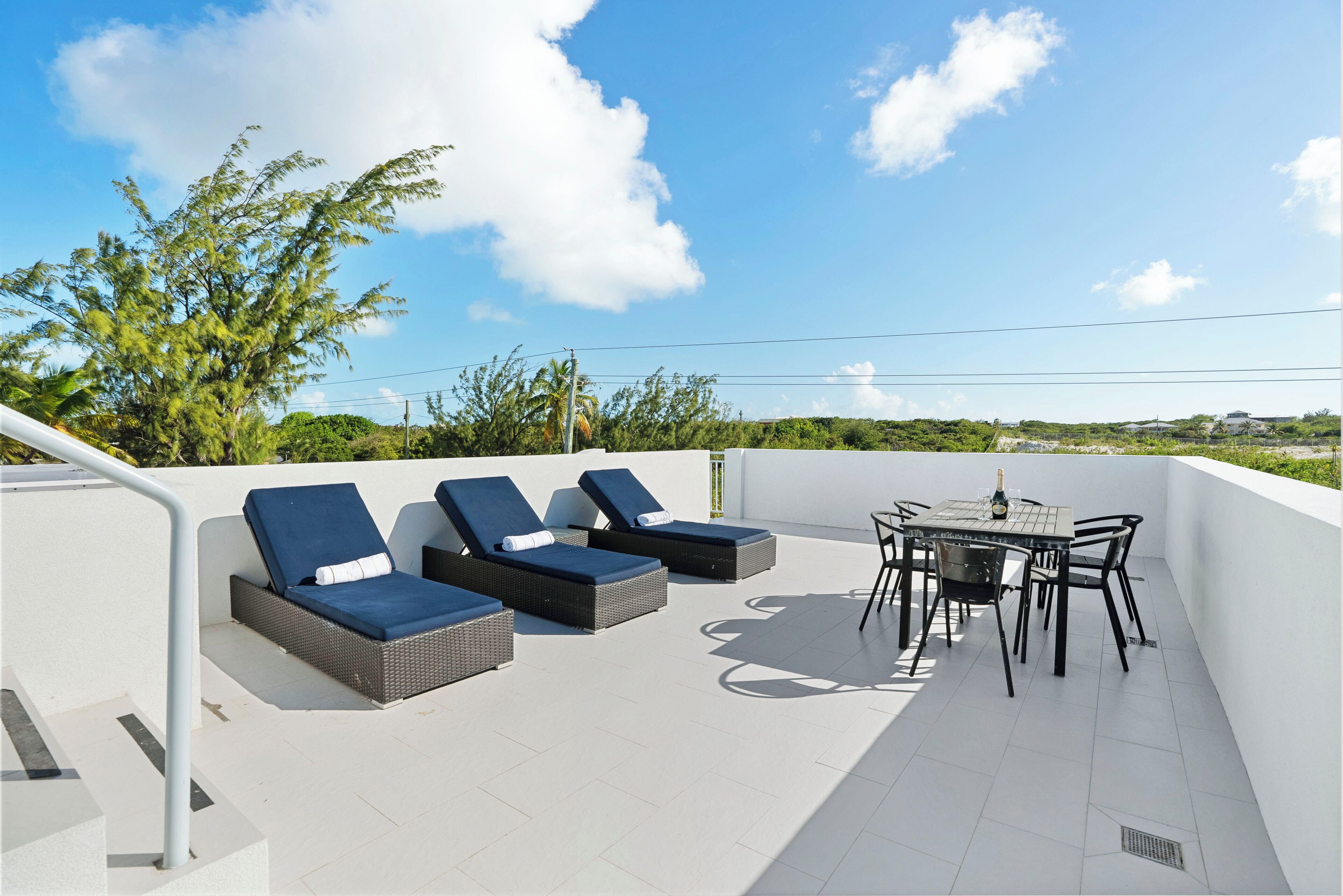 A rooftop terrace with lounge chairs, a table, and chairs.