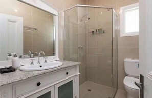 Bathroom features a glass-enclosed shower, large mirror, and granite countertop.
