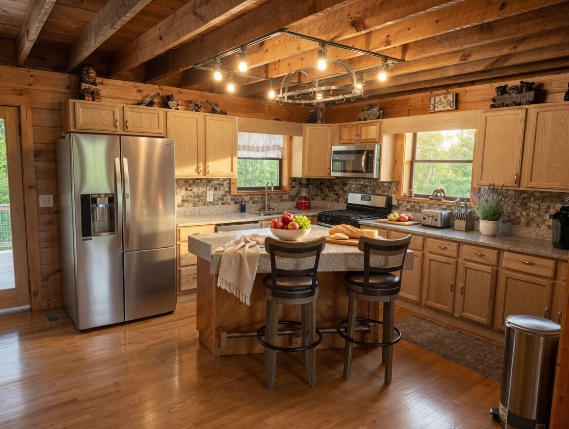 A kitchen with wooden cabinets, a stainless steel refrigerator, a microwave, and a large island with stools.