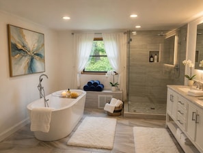 Shower, hair dryer, towels, toilet paper