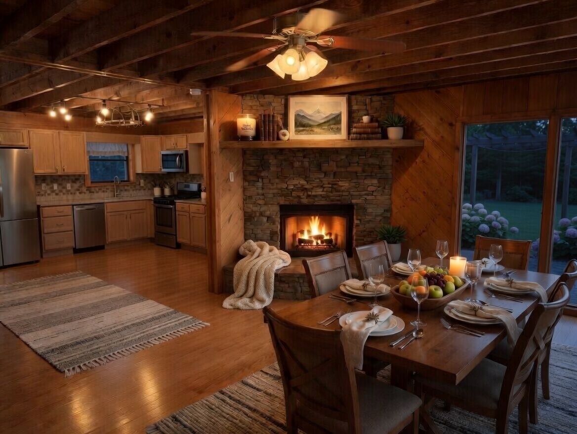 A cozy kitchen with wooden cabinets, a stone fireplace, and a dining area with a table set for four.
