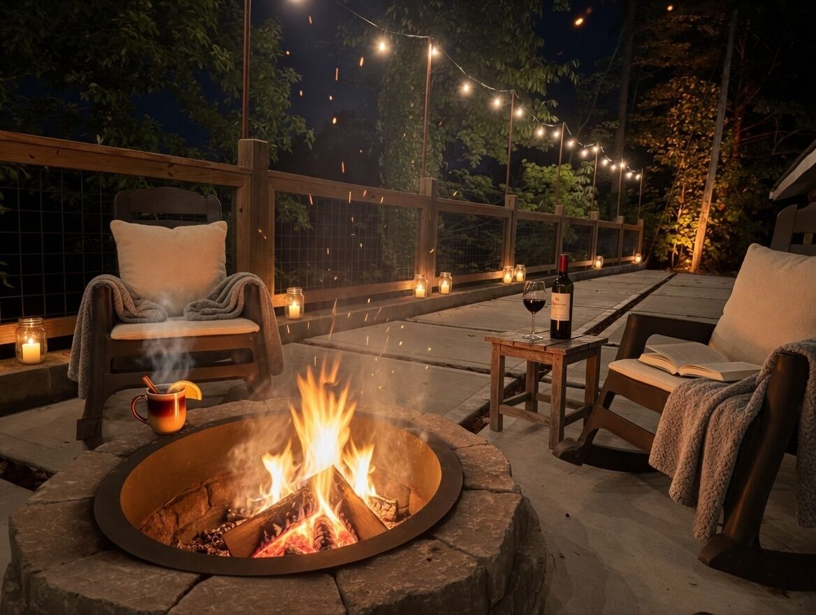 An outdoor seating area with a fire pit, chairs, and a table with a wine bottle and glass.