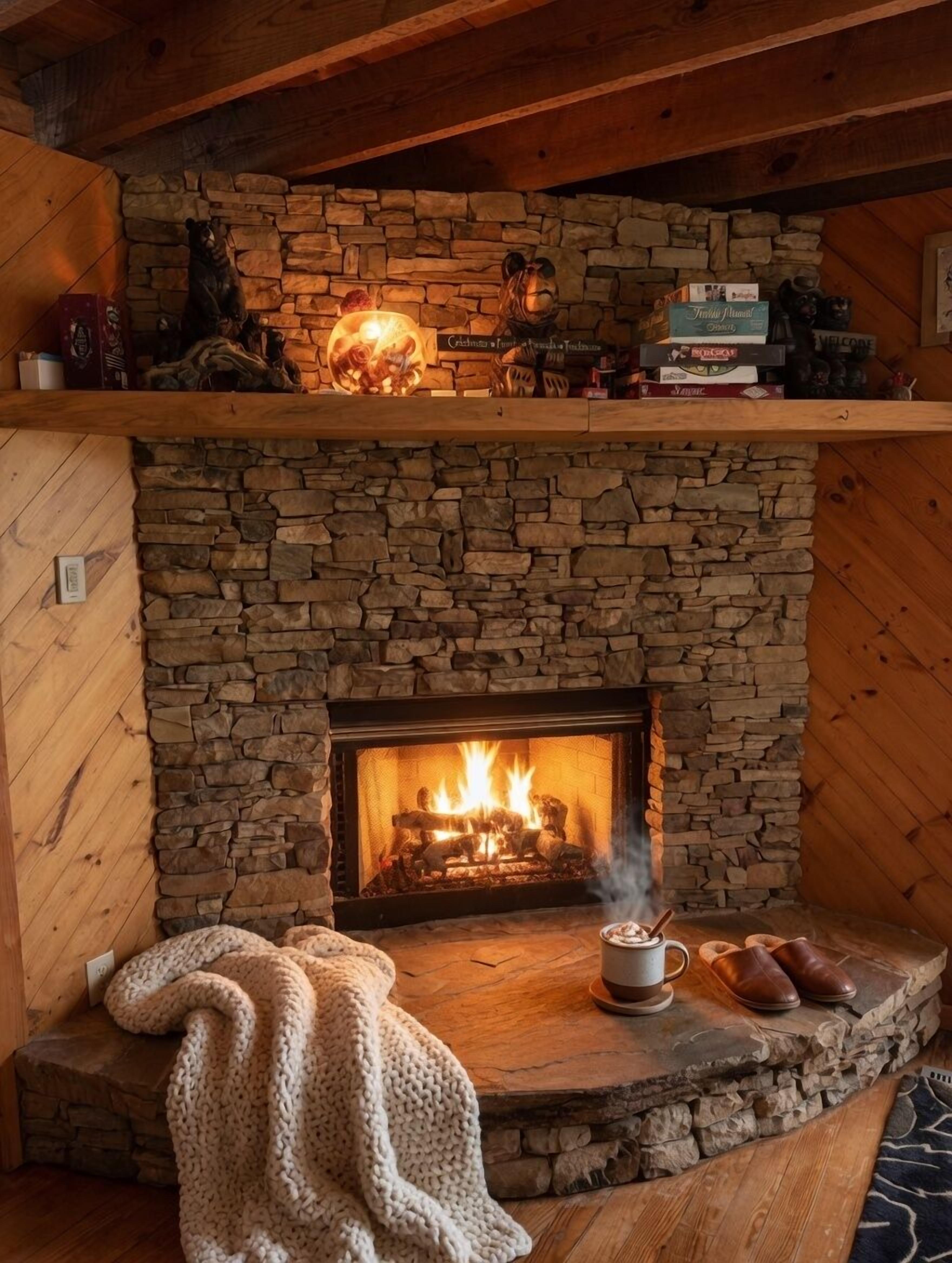 A stone fireplace with a fire, a shelf above with books and decorative items, and a cozy blanket on the floor.